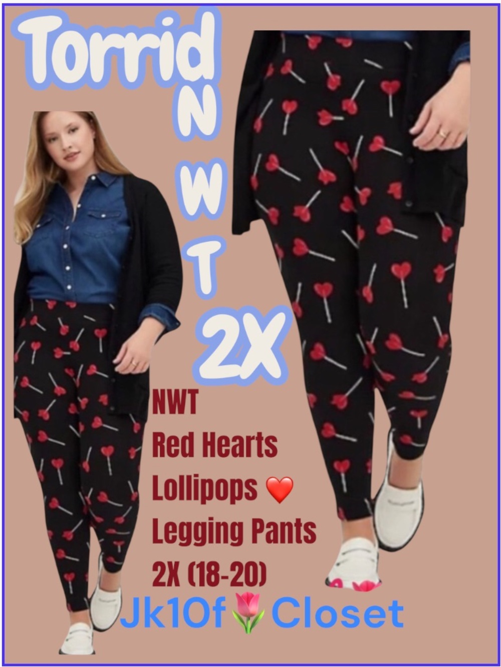 LOWEST🌷NWT TORRID 2X (Sz18-20) RED HEART LOLLIPOPS PANTS